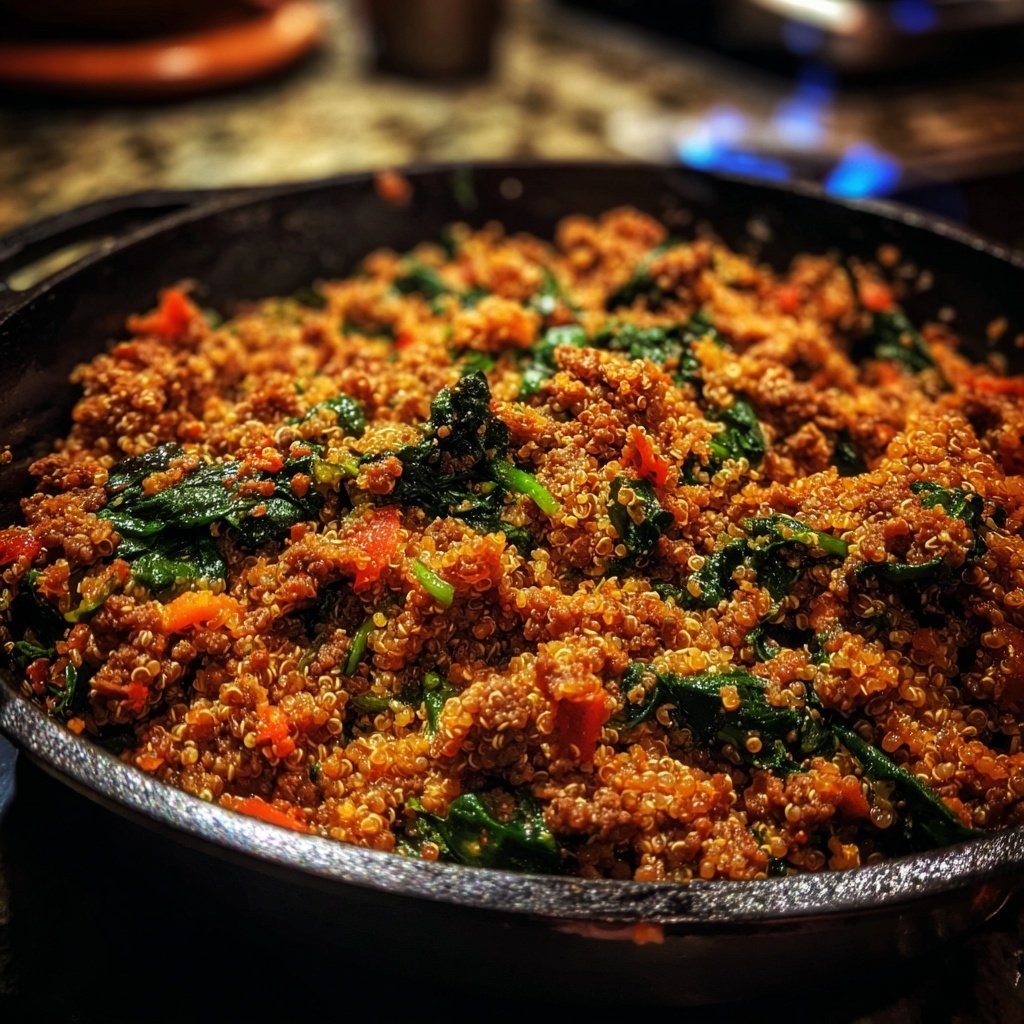 Beefy Quinoa & Spinach Skillet
